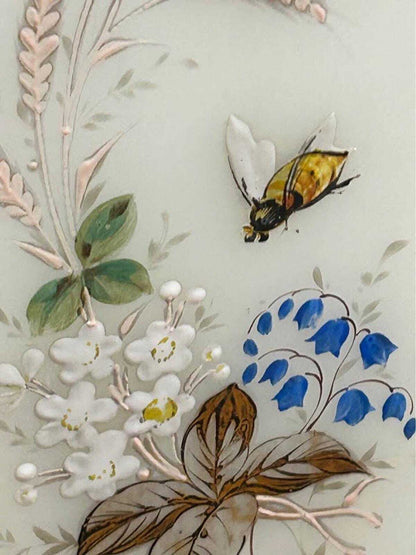 Antique Bohemian Frosted Art Glass Vase Enamel Floral and Bee Motif