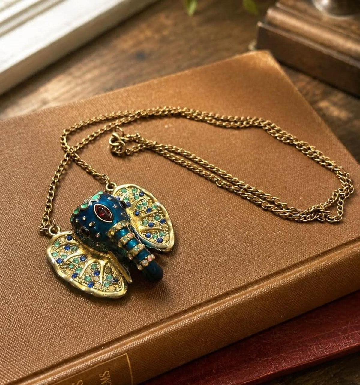 Vintage Betsey Johnson Blue Enamel Elephant Pendant Necklace