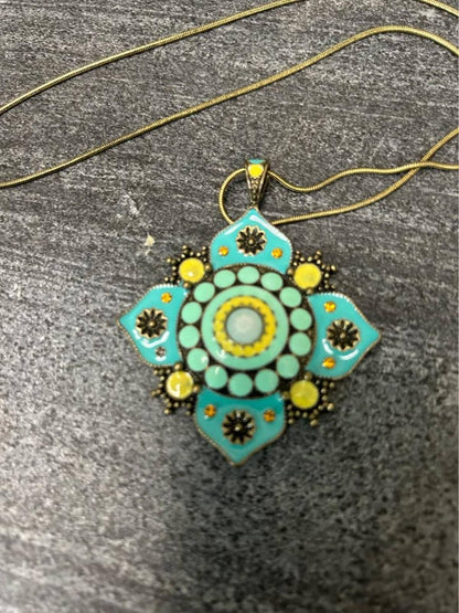 Vintage Brass Turquoise & Yellow Enamel Mandala Pendant Necklace
