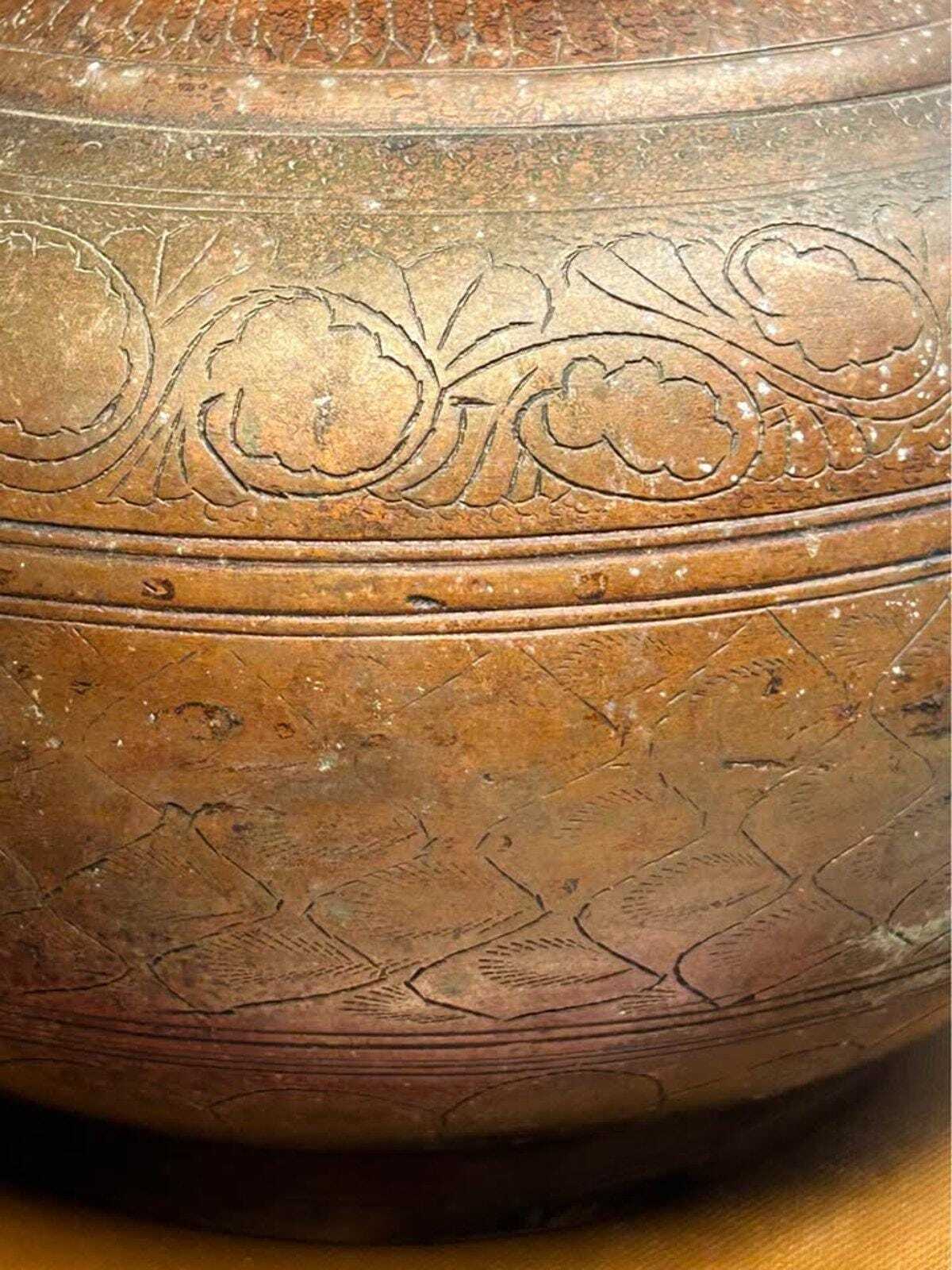 Vintage Hand-Engraved Indian Brass Lota Kalash Water Pot Etched Metal Vase