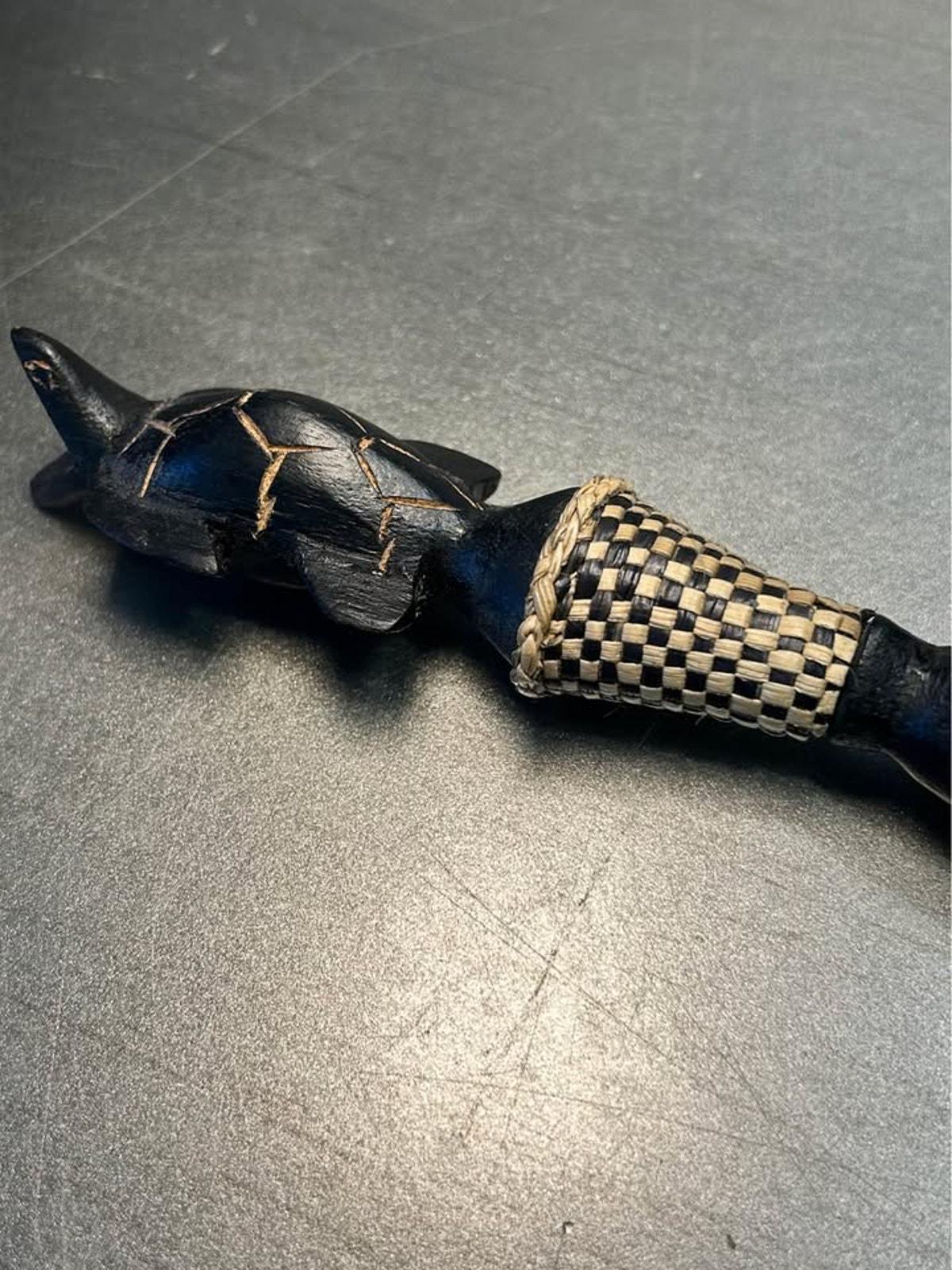 Vintage Kenyan Wood Turtle Salad Fork - Hand-Carved Ebony and Woven Raffia - 10 Inches