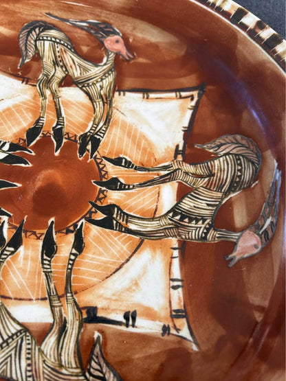 Monique Abatt Signed Studio Pottery Bowl – Hand-Painted Gazelle Motif, Mid-Century Ceramic Art