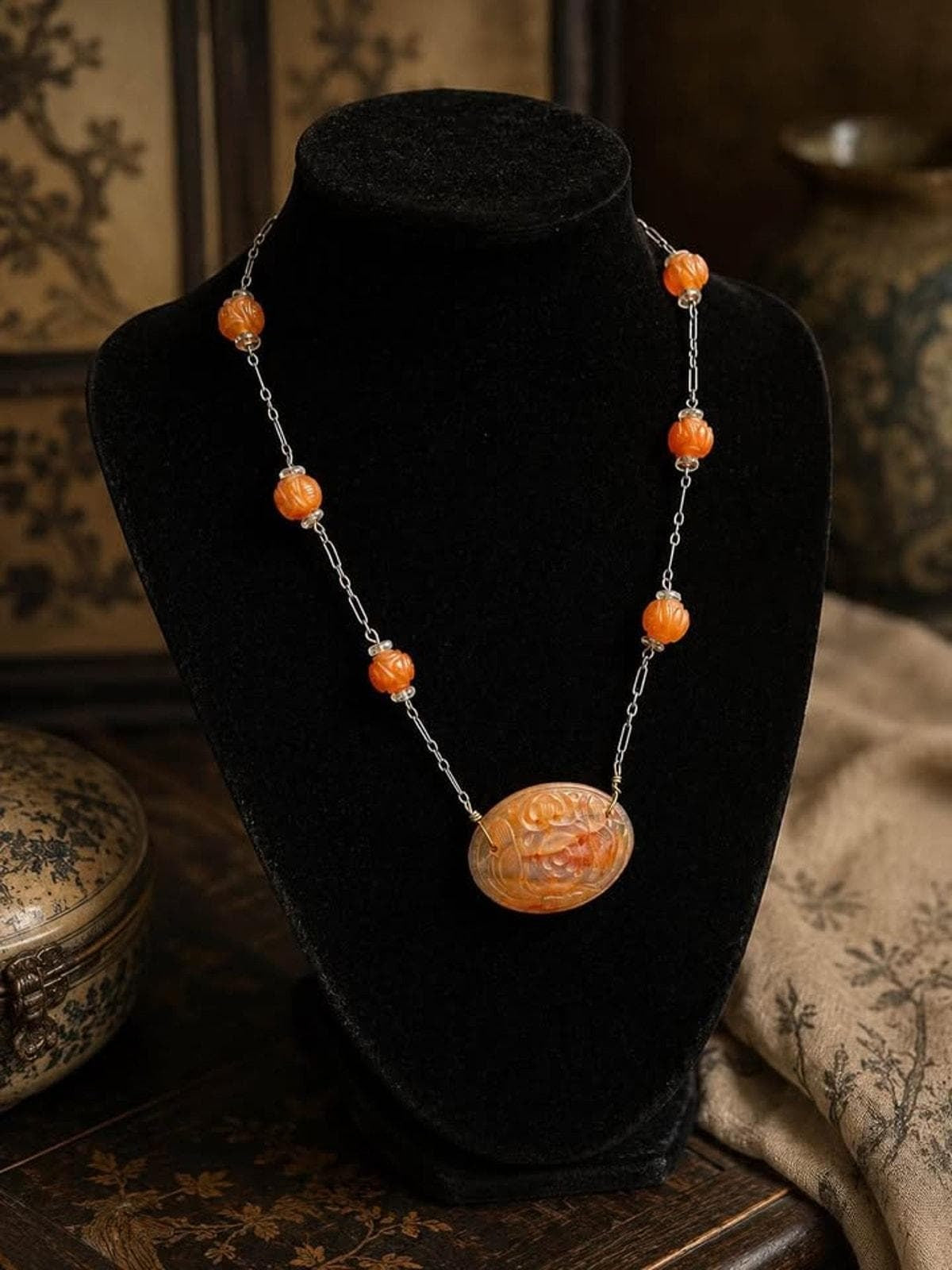 Antique Chinese Export Carved Carnelian Repurposed Button Pendant Sterling Silver Necklace