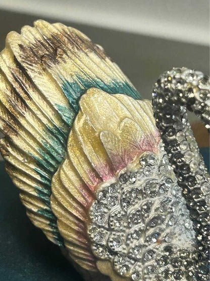 Hand-Painted Enamel Swan Trinket Box with Rhinestone Pavé