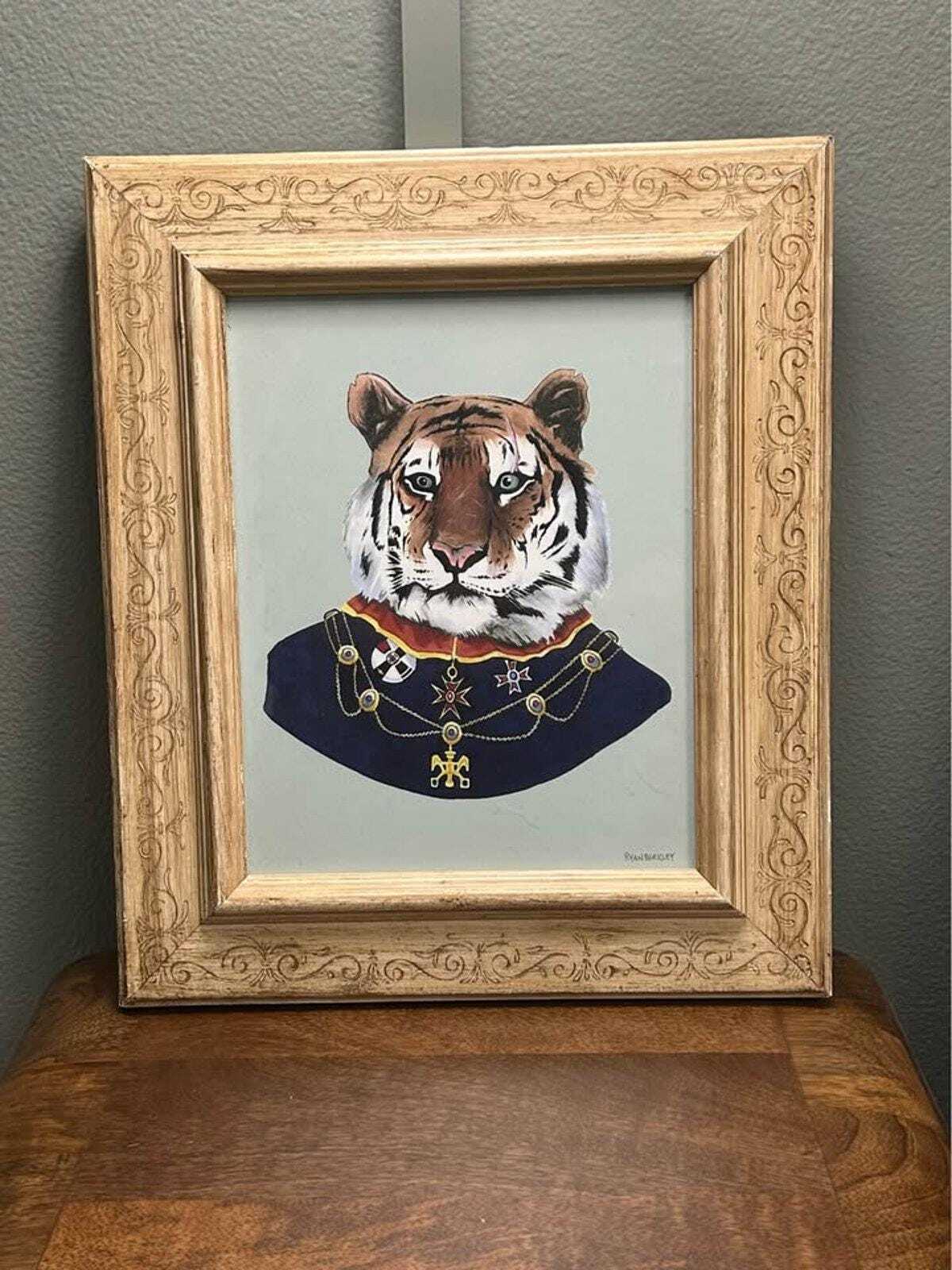Ryan Berkley Signed Tiger Portrait, Framed Anthropomorphic Animal Art