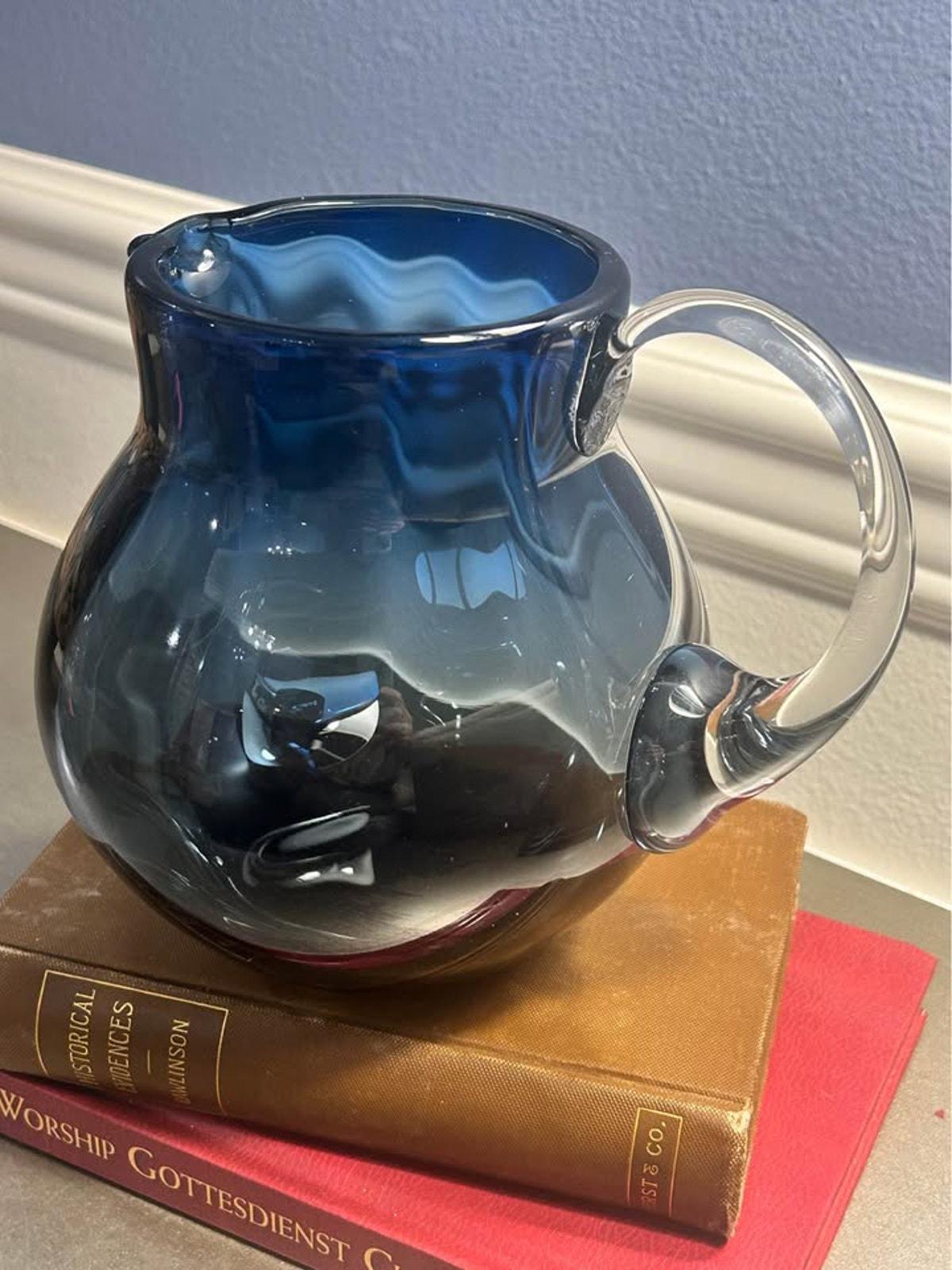 Mid-Century Hand-Blown Blue Art Glass Pitcher | Optic Ribbed Bulbous Jug with Clear Applied Handle
