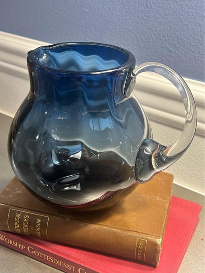 Mid-Century Hand-Blown Blue Art Glass Pitcher | Optic Ribbed Bulbous Jug with Clear Applied Handle