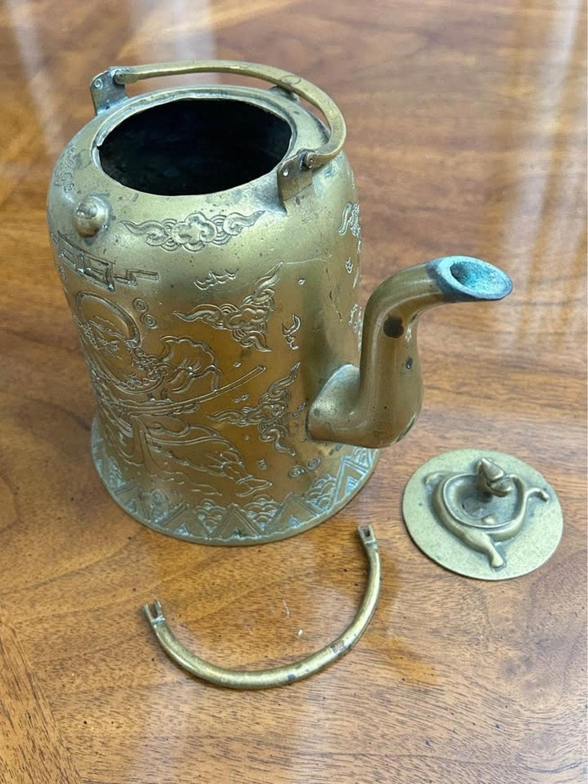 Vintage Engraved Asian Brass Teapot with Taoist Immortal and Xuanwu Tortoise Finial
