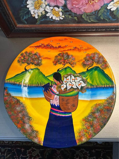 Vintage Tonalá Terracotta Charger, Gabriel Hand-Painted Mexican Folk Art, 15.5" Calla Lily Pottery
