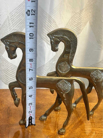 Vintage Mid-Century Brass Greek Geometric Horse Figurines | Etruscan Revival Sculptures | Frederick