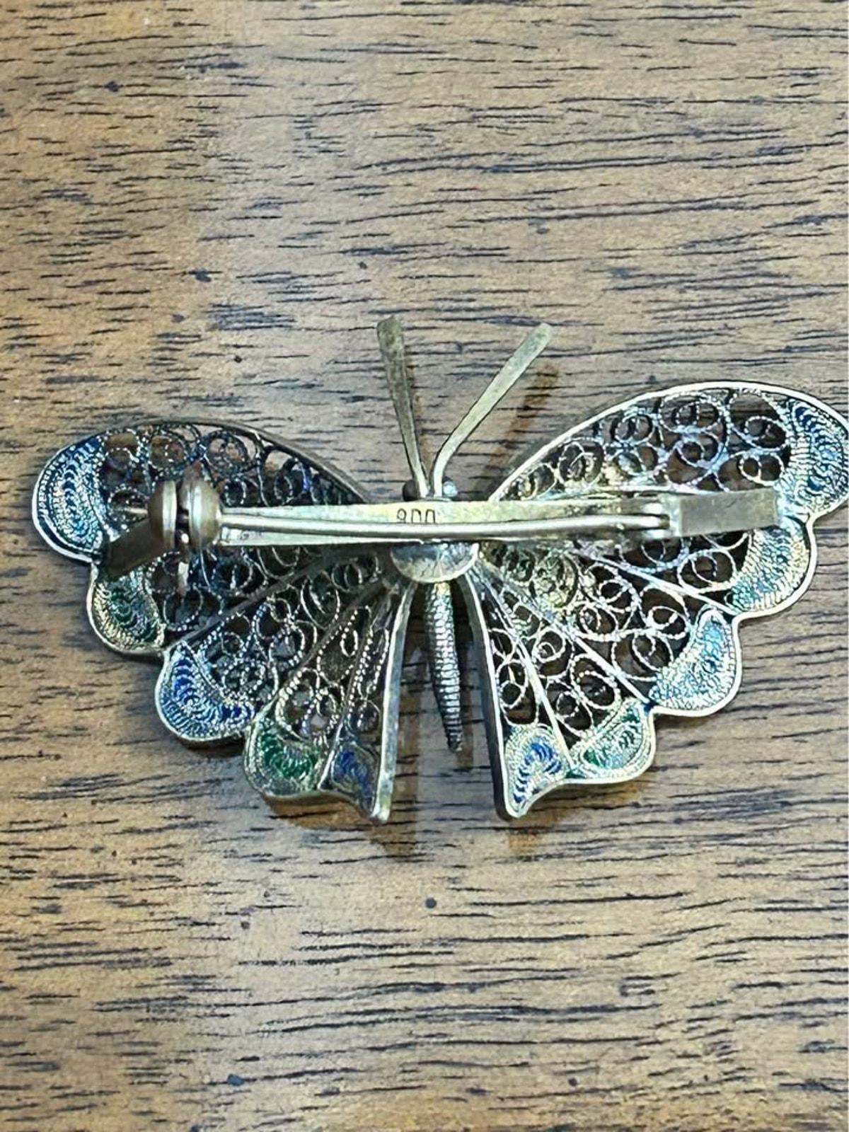 Vintage 800 Silver Filigree Butterfly Brooch With Blue & Green Enamel
