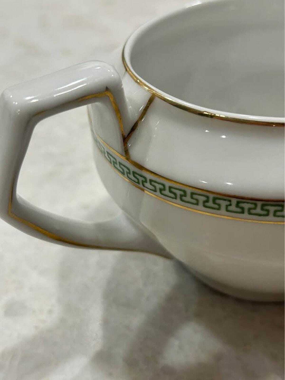 Antique N&C Nagoya Nippon Porcelain Sauce Boat | Green Greek Key Gold Trim Pitcher