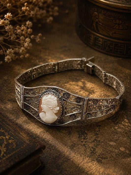 Antique Art Deco 800 Silver Filigree Hand Carved Shell Cameo Panel Bracelet