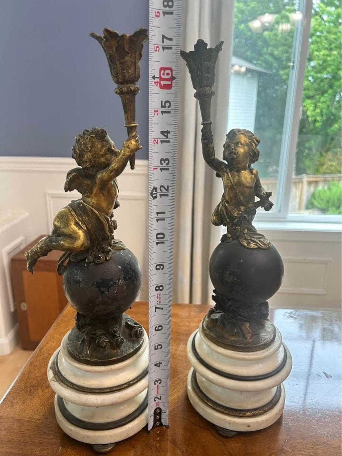 Antique French Style Gilt Spelter Putti Candlesticks on Marble Bases