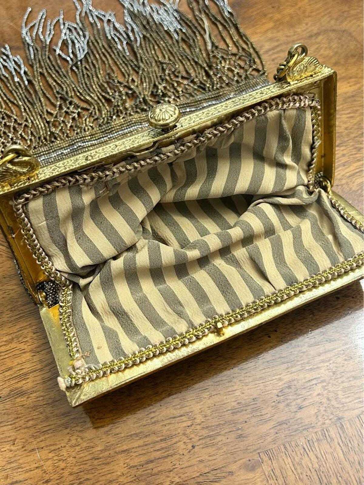 Antique 1920s Art Deco Micro-Beaded Evening Purse with Brass Swan Frame