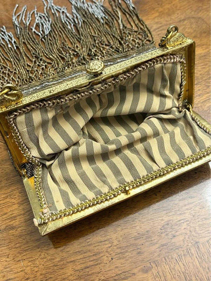 Antique 1920s Art Deco Micro-Beaded Evening Purse with Brass Swan Frame