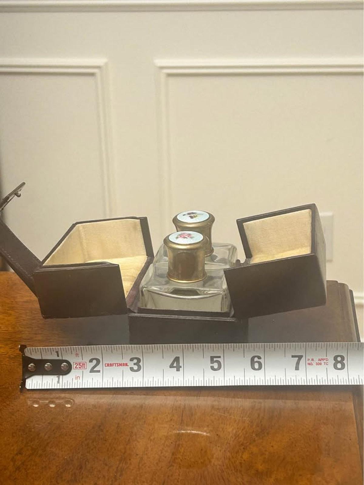 Antique Guilloche Enamel Double Scent Bottles with Leather Travel Case