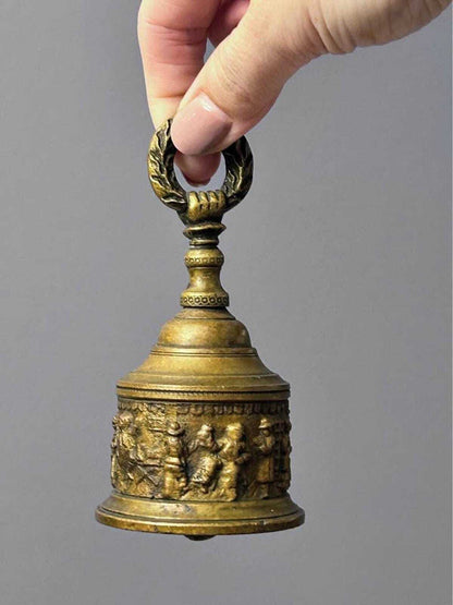 Vintage Cast Brass Tavern Scene Hand Bell with Wreath Handle