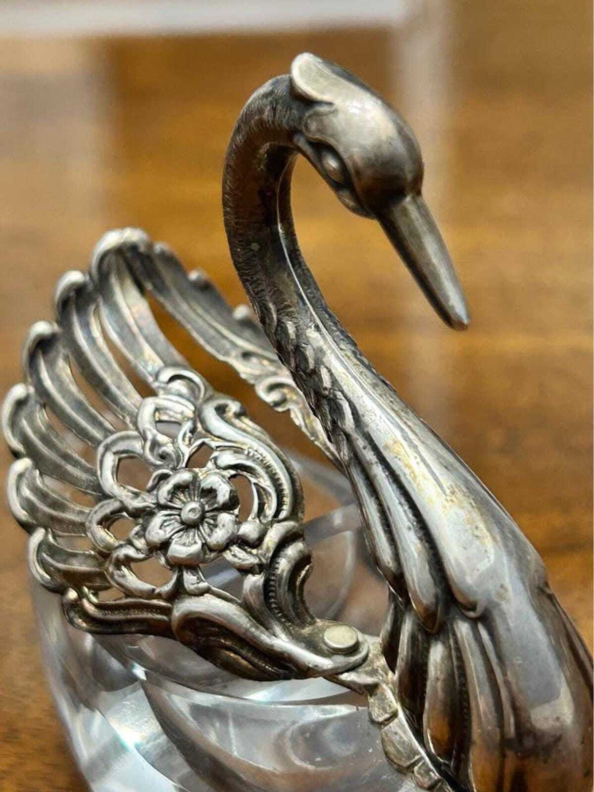 Vintage West German Sterling Silver and Cut Crystal Articulated Swan Salt Cellar