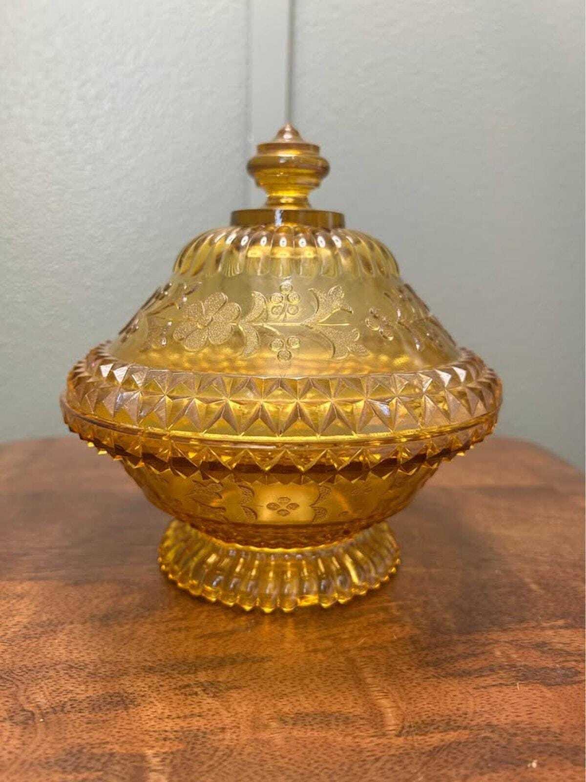 Adams Wildflower Pattern Amber Glass Pitcher and Covered Sweetmeat Set