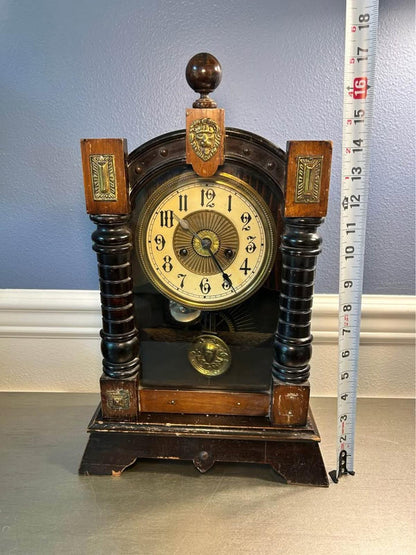 Antique Working Art Nouveau Mantel Clock | Lion Head Crest & Brass Nymph Pendulum