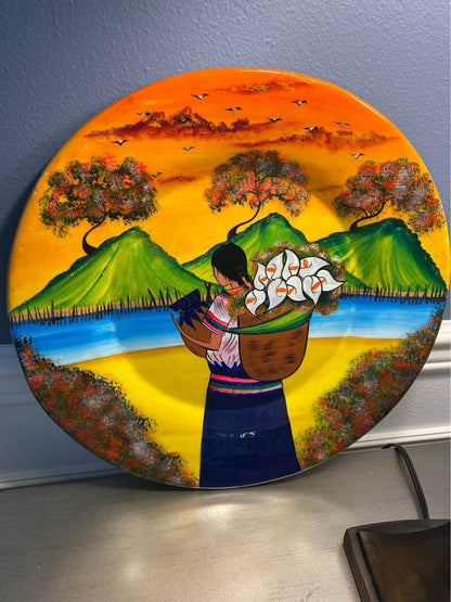 Vintage Tonalá Terracotta Charger, Gabriel Hand-Painted Mexican Folk Art, 15.5" Calla Lily Pottery