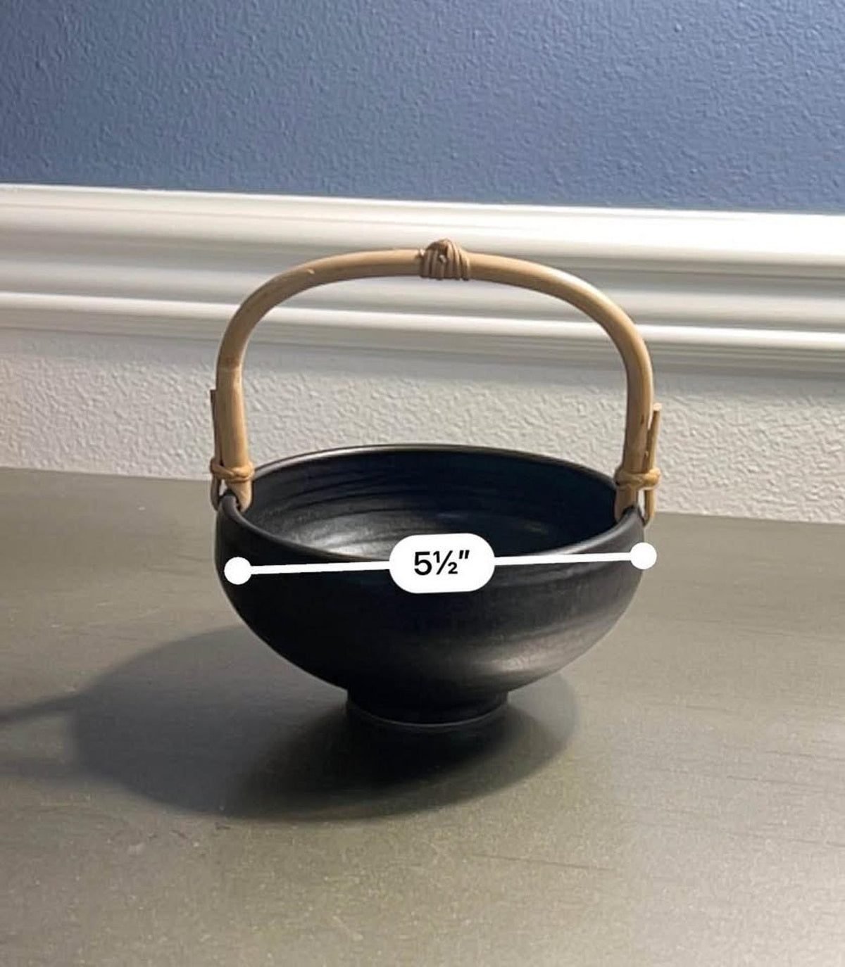 Mid Century Modern Stoneware Bowl – Matte Black Bamboo Handle, Wabi Sabi Decor