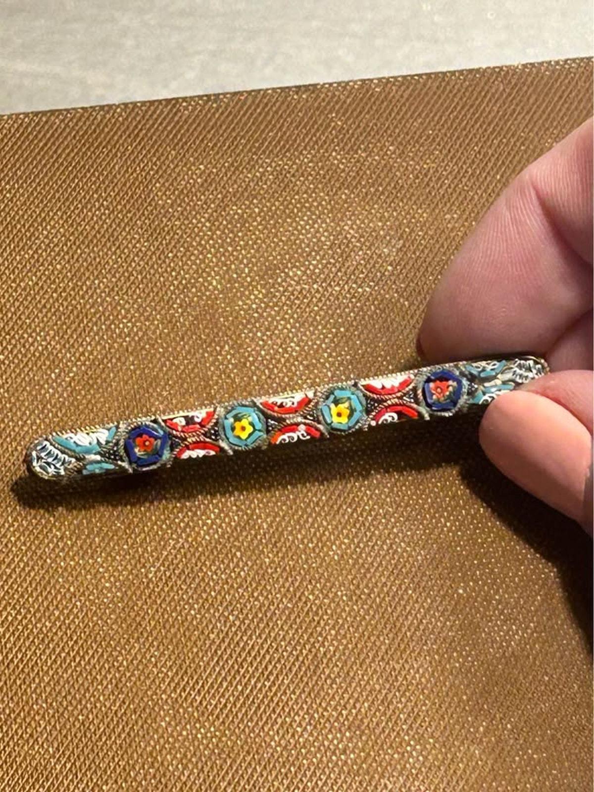 Vintage Italian Micro Mosaic Floral Bar Pin Brass Grand Tour Style Brooch
