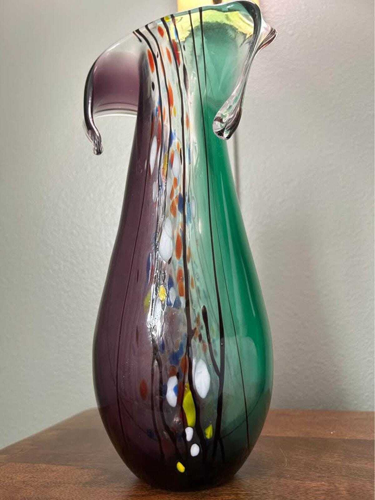 Mid-Century Art Glass Pitcher | Green & Amethyst Confetti, 11" Hand-Blown Vase