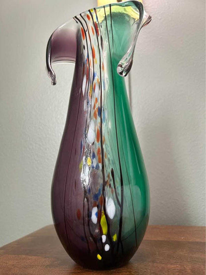 Mid-Century Art Glass Pitcher | Green & Amethyst Confetti, 11" Hand-Blown Vase