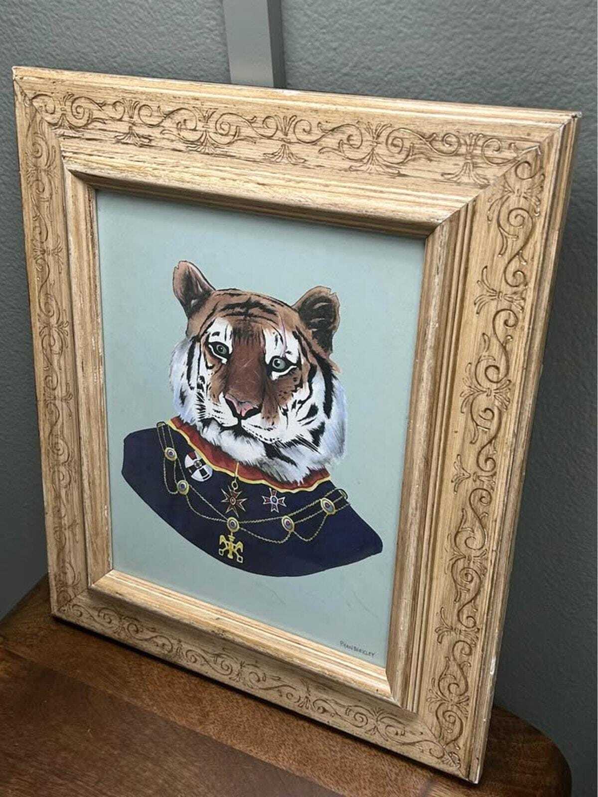 Ryan Berkley Signed Tiger Portrait, Framed Anthropomorphic Animal Art