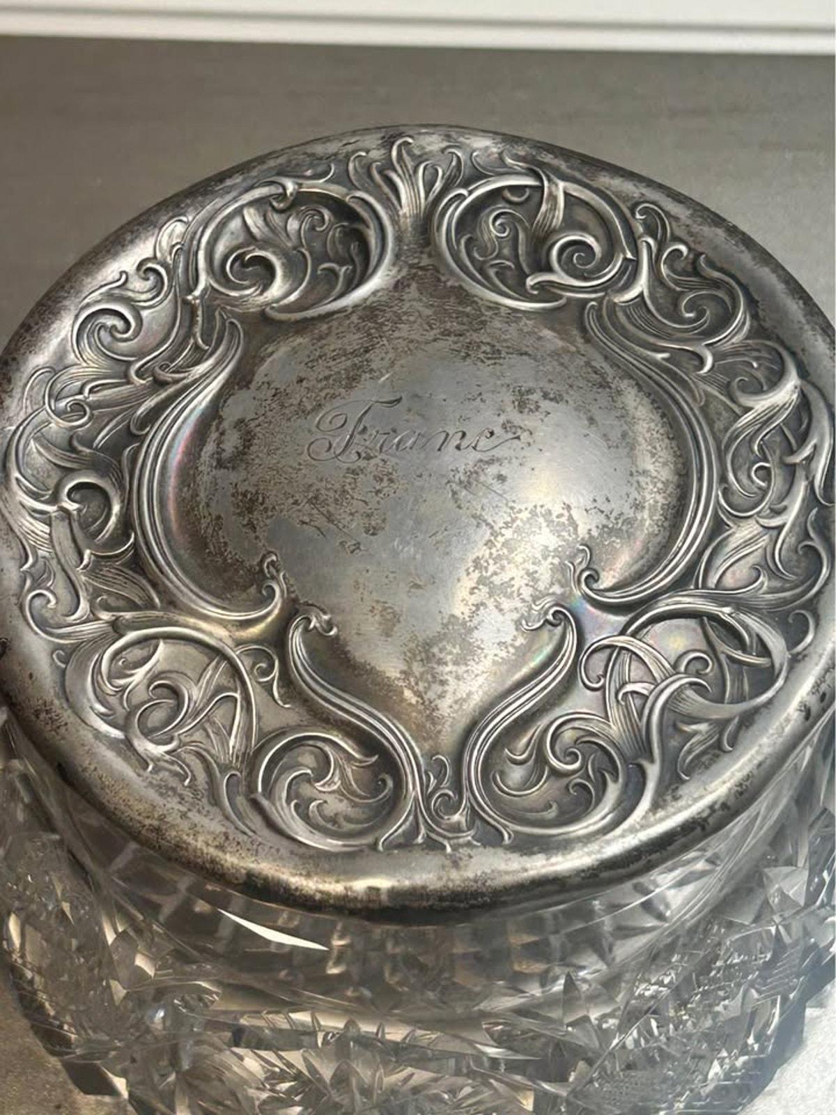Antique Sterling Silver Repousse & ABP Cut Glass Vanity Set | Celtic Mirror and 14 inch Tray