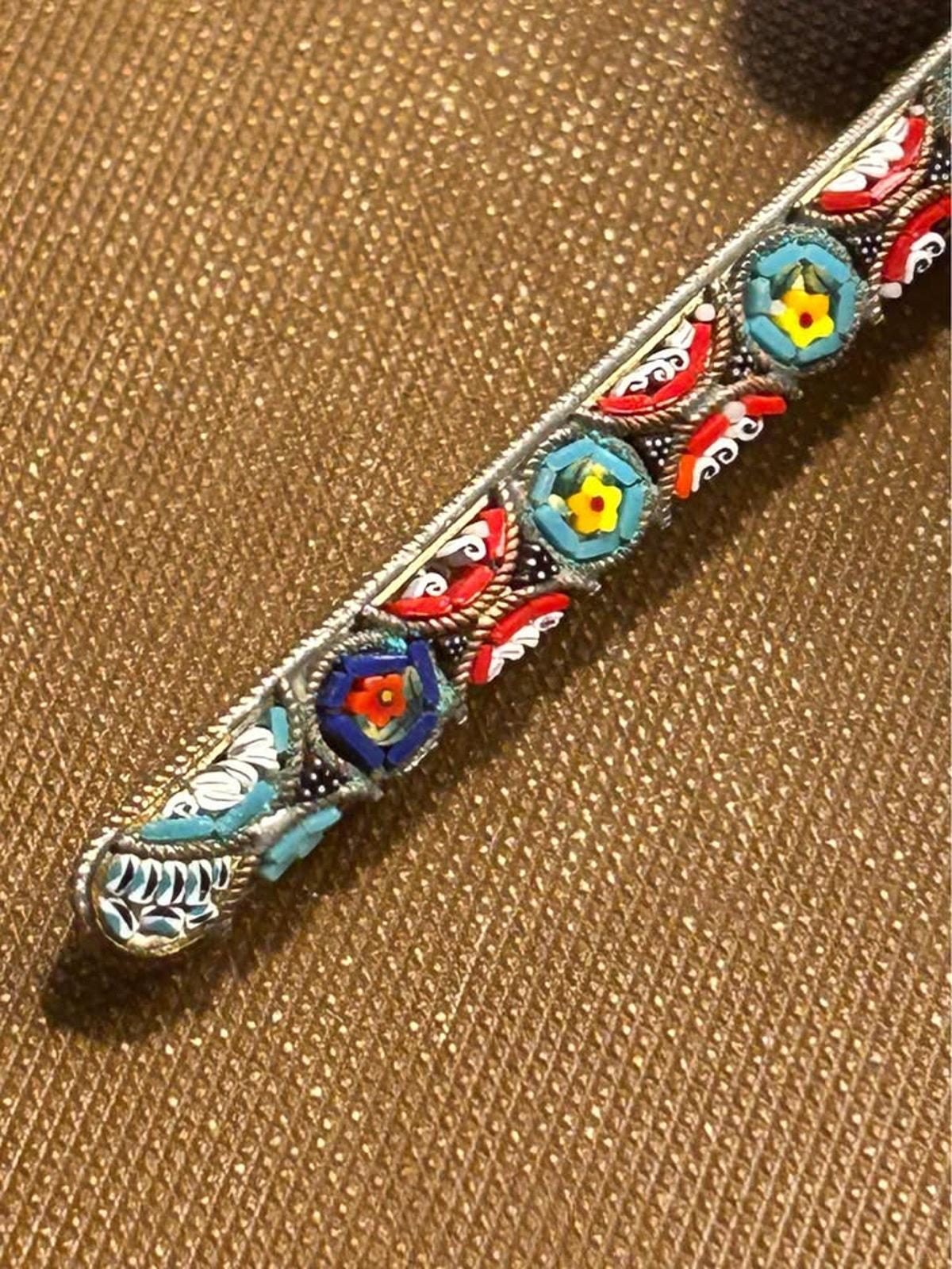 Vintage Italian Micro Mosaic Floral Bar Pin Brass Grand Tour Style Brooch