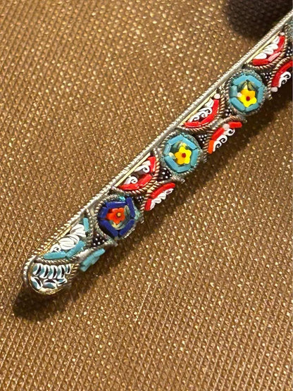 Vintage Italian Micro Mosaic Floral Bar Pin Brass Grand Tour Style Brooch
