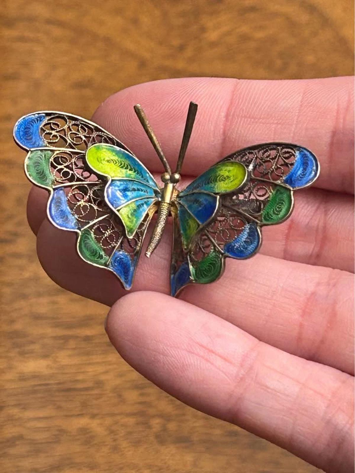 Vintage 800 Silver Filigree Butterfly Brooch With Blue & Green Enamel