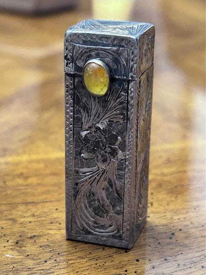Antique 800 Silver Engraved Sliding Lipstick Case with Hidden Mirror