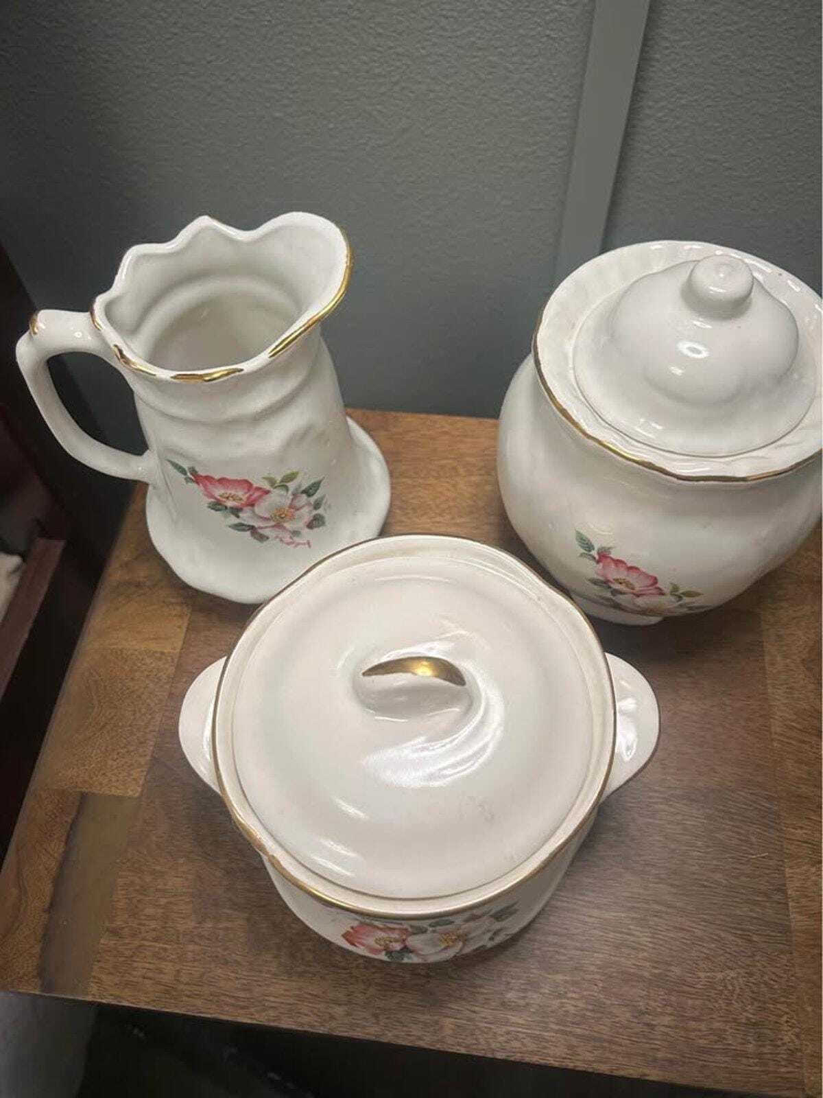 Vintage House of Webster Tea Set | Wild Rose Motif, Gold Gilt, Hand-Painted Pottery