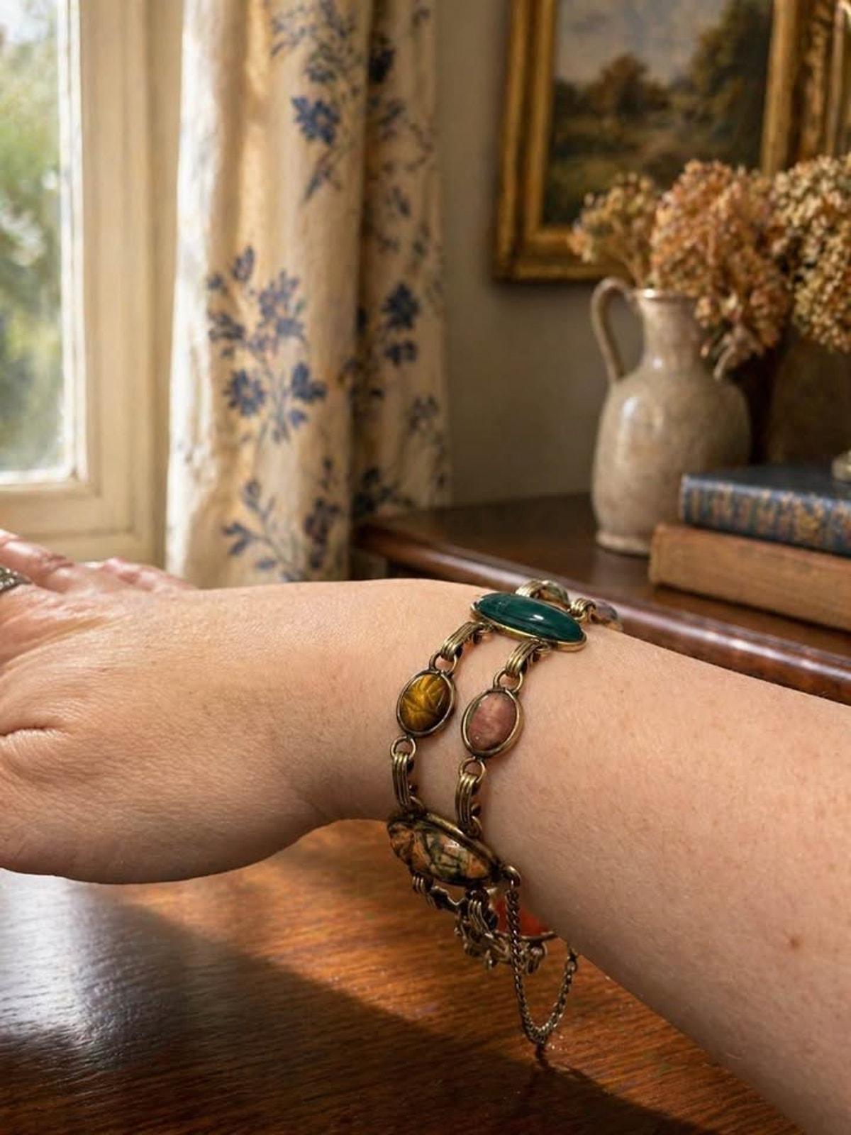 Vintage 12k Gold Filled Double Link Scarab Bracelet - Multi-Gemstone Egyptian with Safety Chain