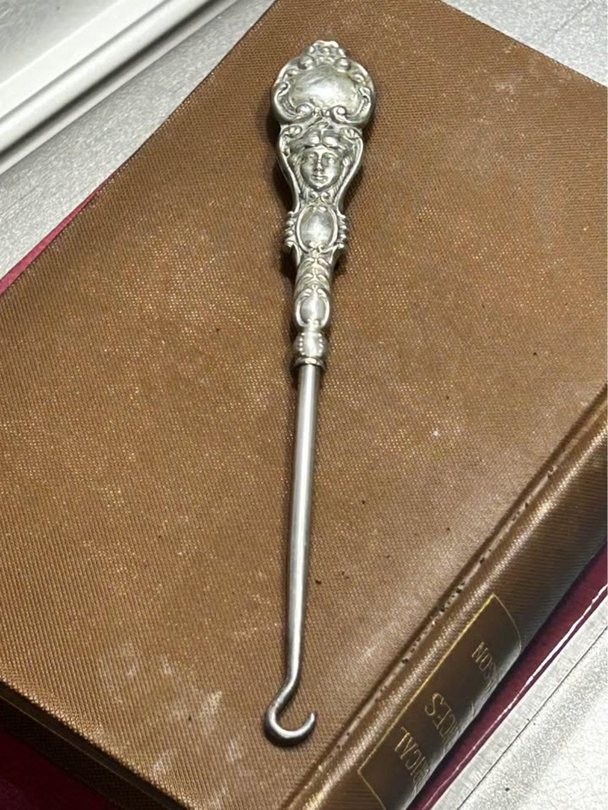 Antique Art Nouveau Sterling Silver Lady Portrait Button Hook