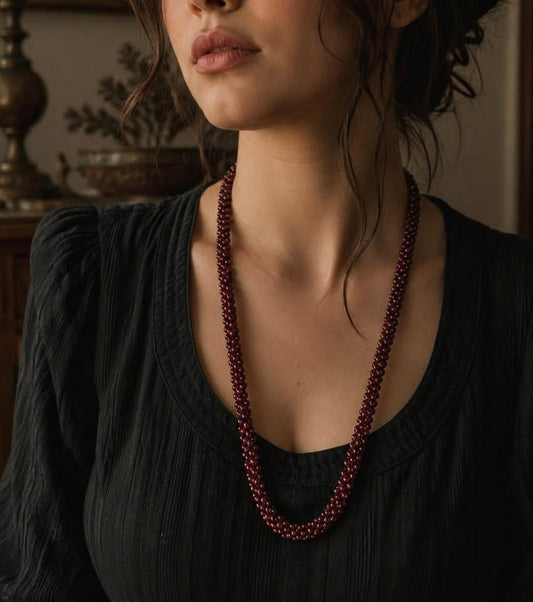 Vintage Woven Garnet Seed Bead Endless Rope Necklace