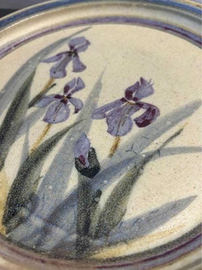 Vintage Studio Pottery Platter | Hand-Painted Purple Iris Botanical Stoneware Dish