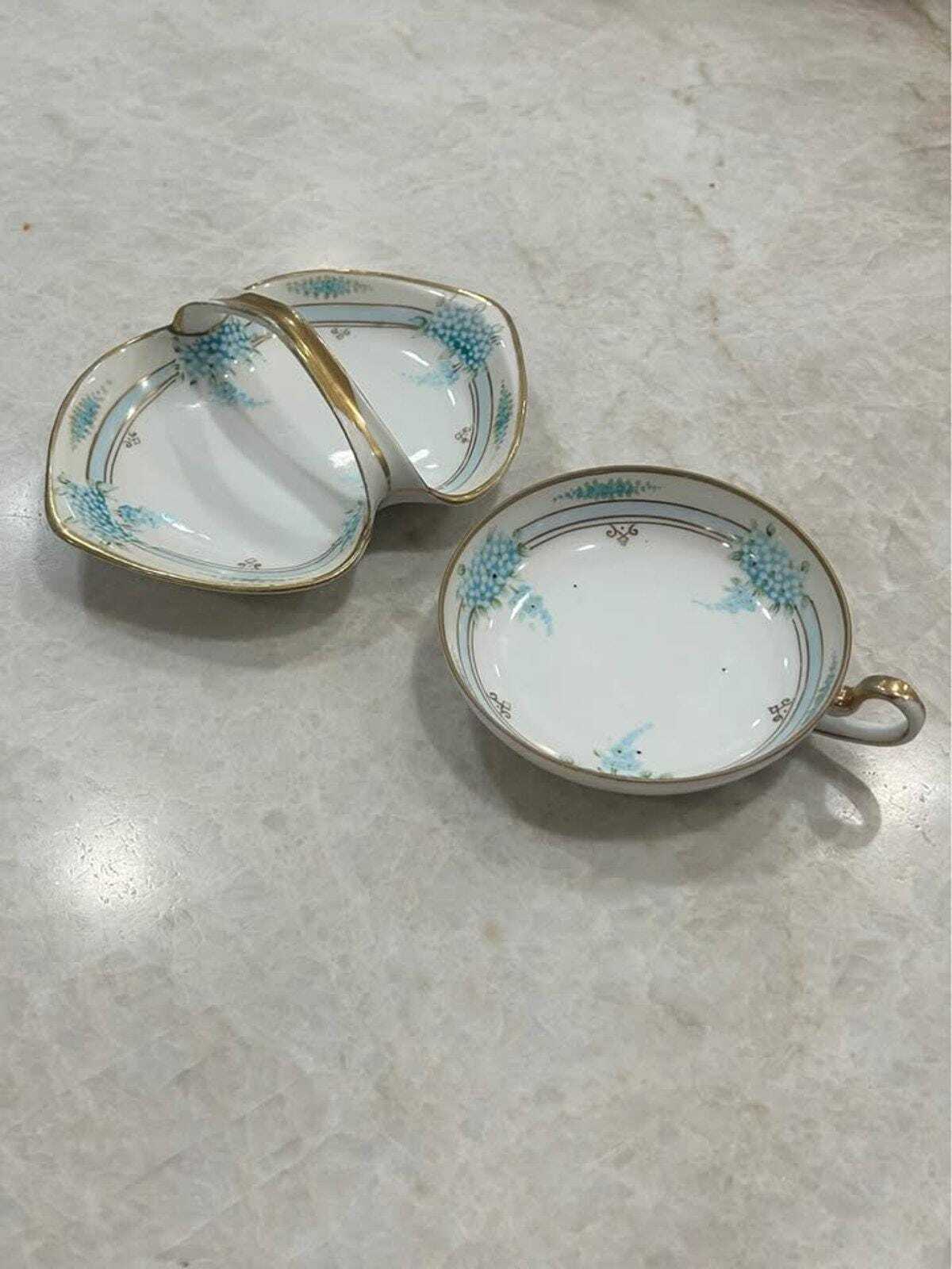 Antique Morimura Brothers Nippon Hand-Painted Porcelain Divided Dish and Bowl Set with Blue Florals