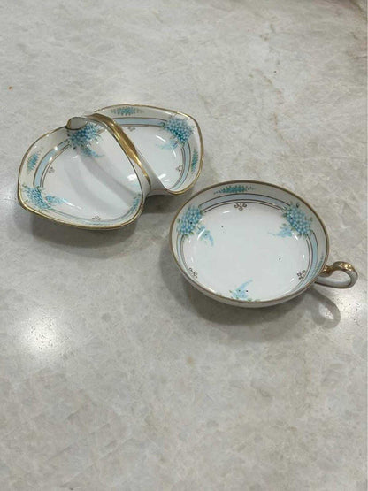 Antique Morimura Brothers Nippon Hand-Painted Porcelain Divided Dish and Bowl Set with Blue Florals