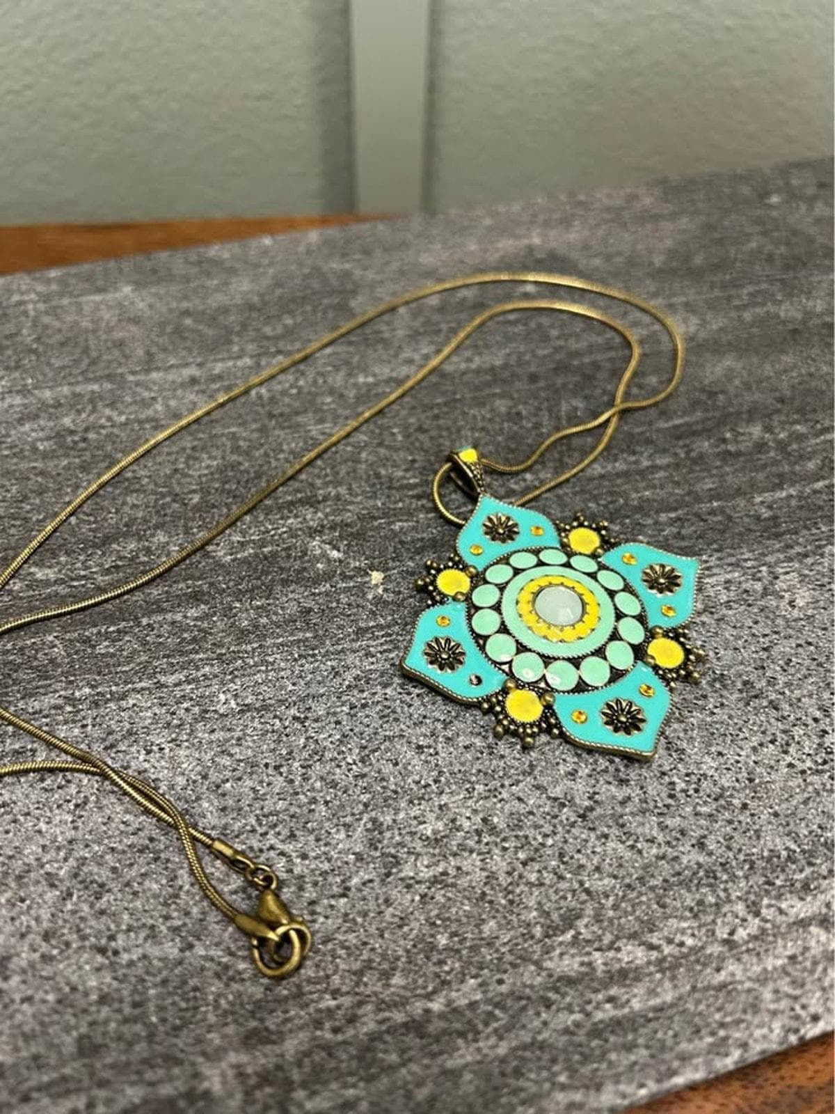 Vintage Brass Turquoise & Yellow Enamel Mandala Pendant Necklace