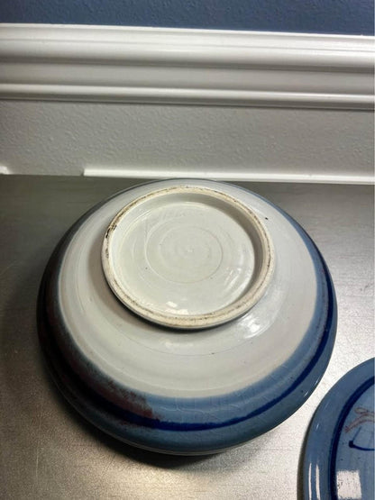Signed Studio Pottery Covered Bowl | Blue Crackle Glaze & Spiral Knob