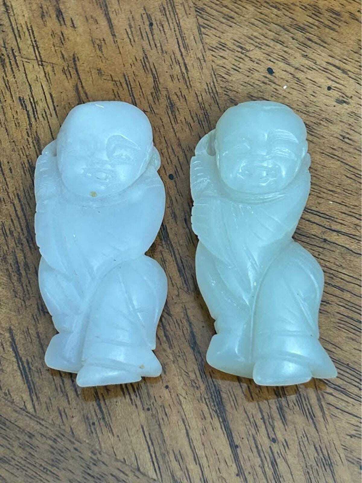 Antique Chinese Carved White Jade Tongzi Pendants Pair