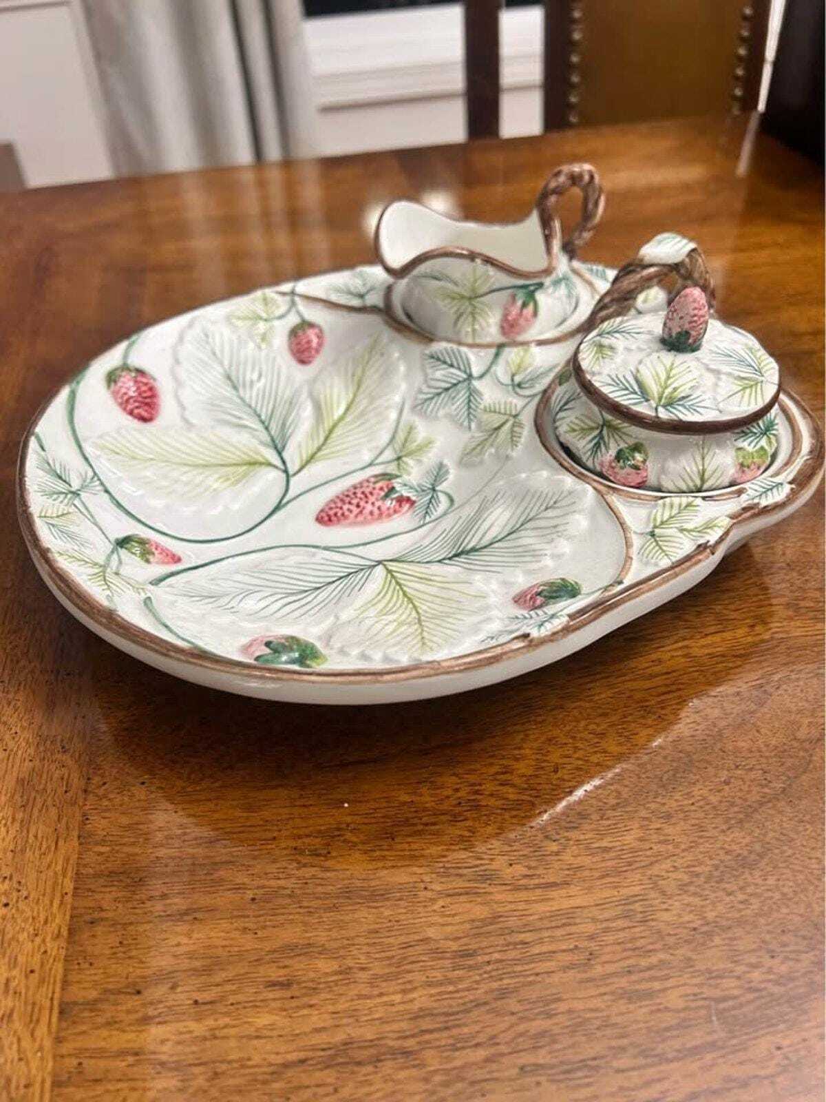 Vintage A.Z. Nove for Tiffany & Co. Majolica Strawberry Cabaret Set