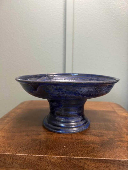 Cindy Briffis Studio Pottery Pedestal Bowl, Cobalt Blue Glaze, Brutalist MCM Decor