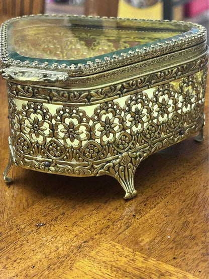 Vintage Hollywood Regency Ormolu Beveled Glass Trinket Box Floral Vanity Casket