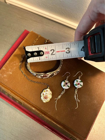 Vintage Chinese Cloisonné Jewelry Set | White Floral Butterfly Bangle, Pendant & Earrings